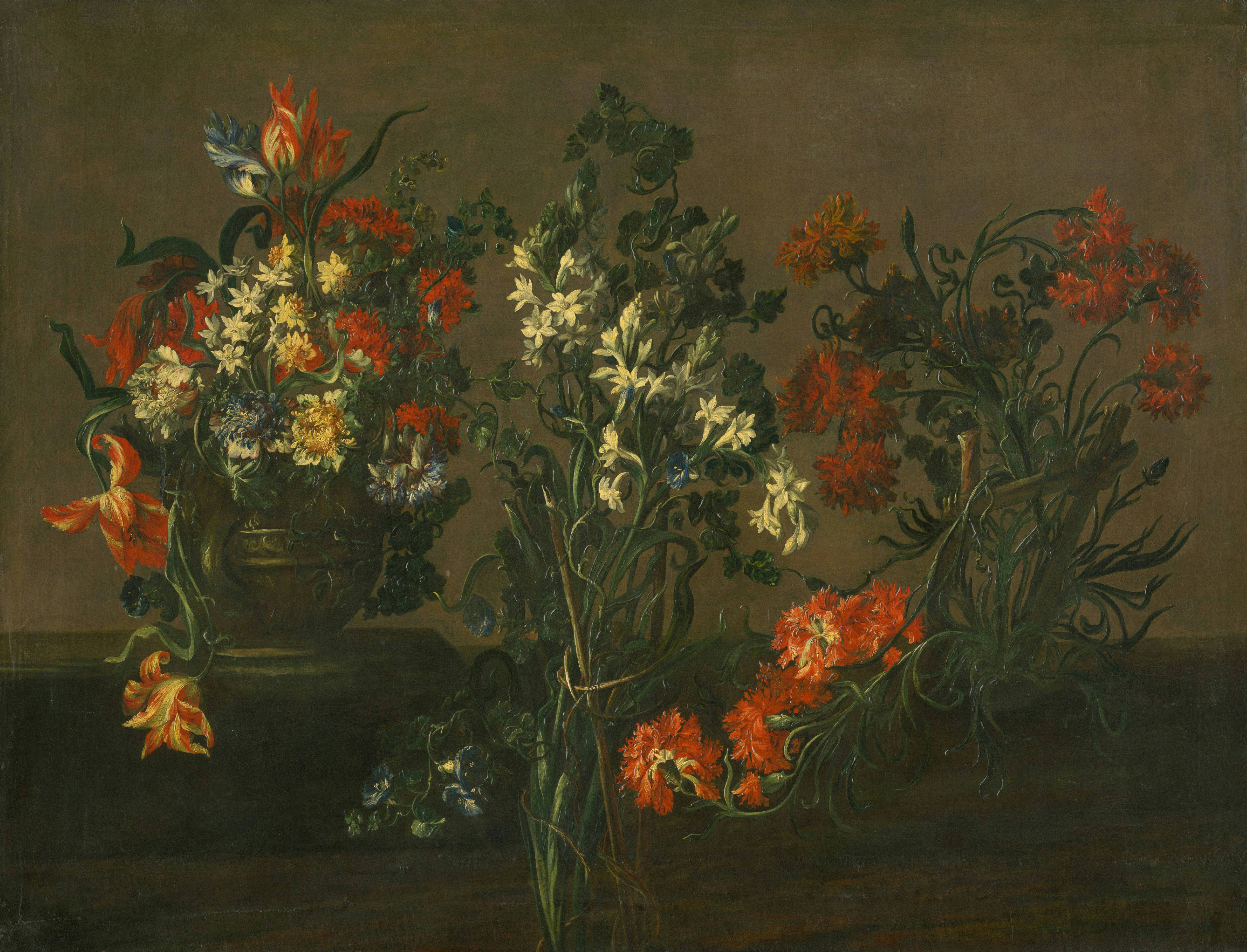 a painting of flowers in a vase on a table